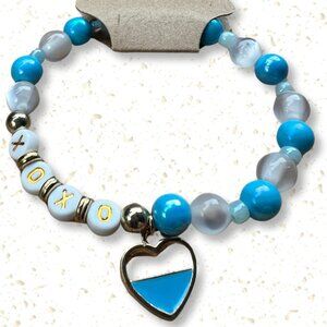 Blue and White Glass Beaded Stretchy Bracelet with Gold Accents, Heart Charm